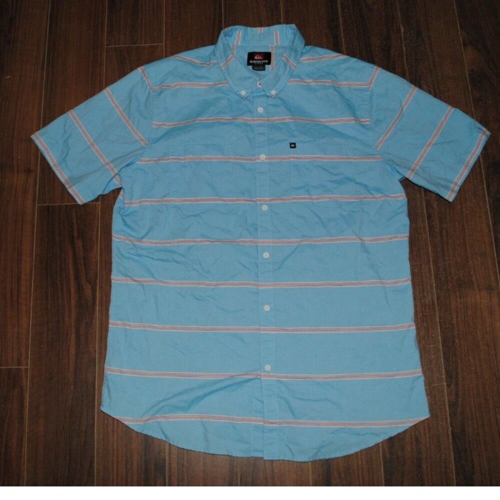 Quiksilver Button Up Short Sleeve Blue Striped Shirt XL Chest 44" Cotton/Poly